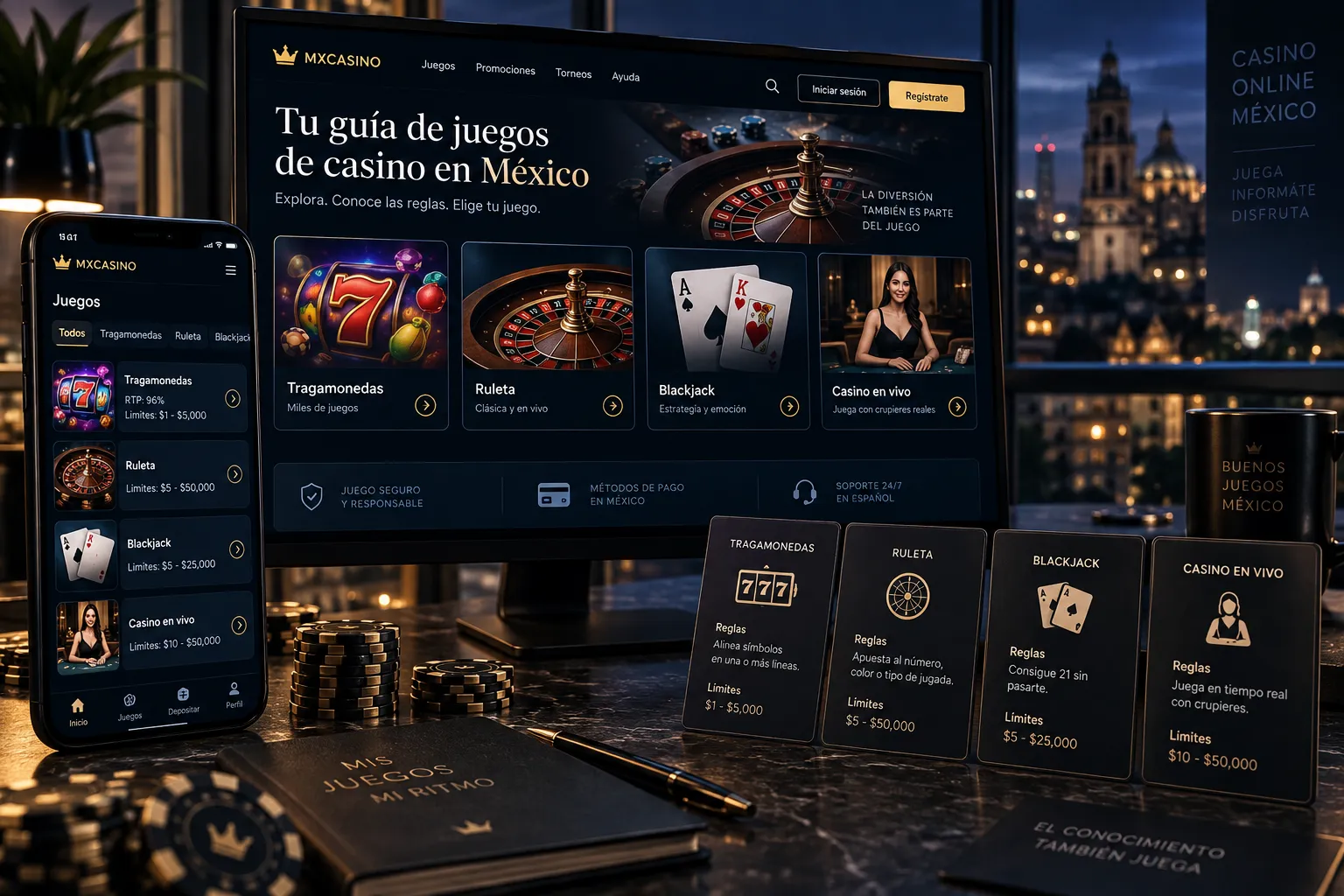 Interfaz de casino online con categorías de juegos y datos principales