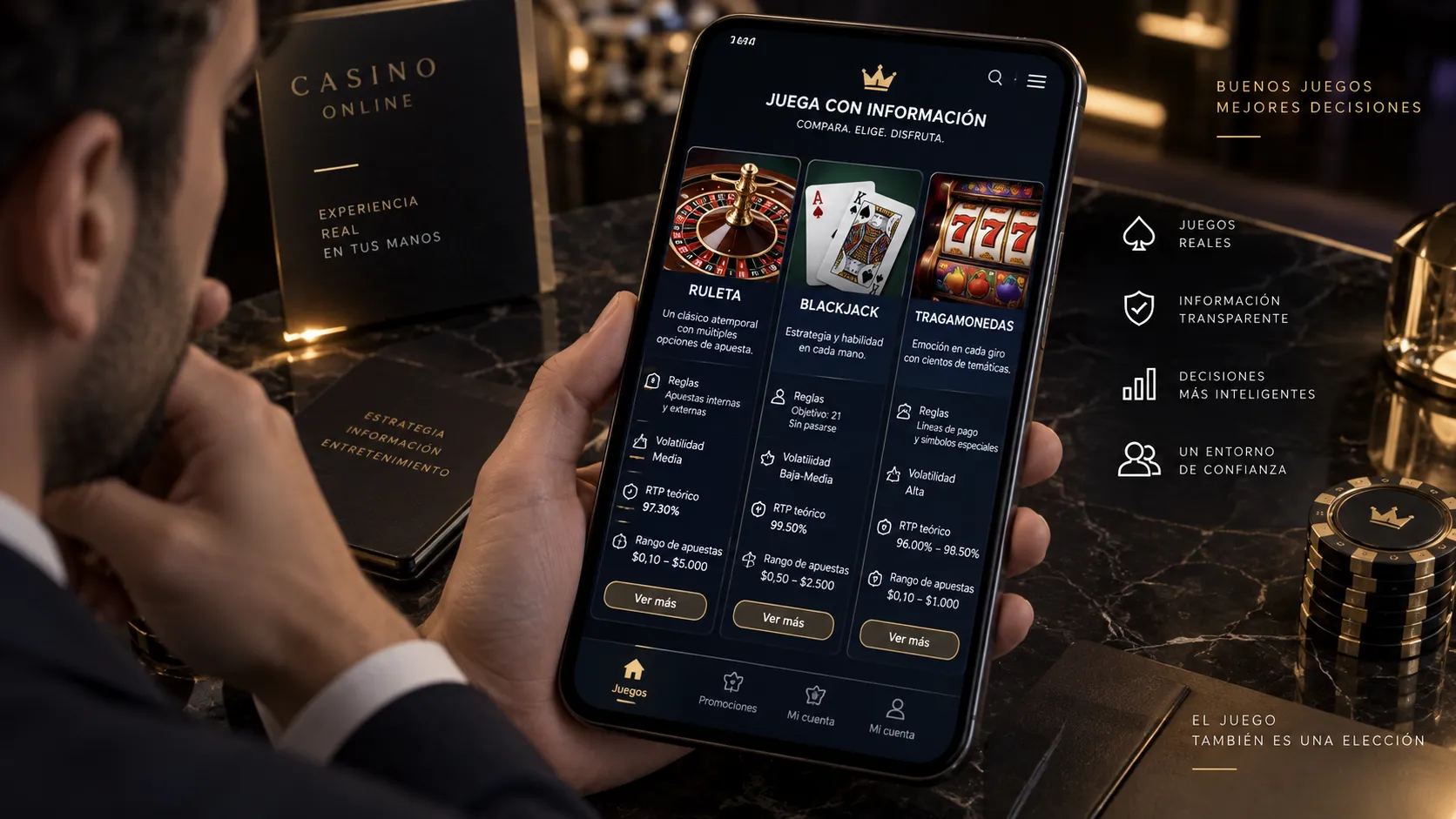 Comparación de características de juegos de casino en una pantalla móvil
