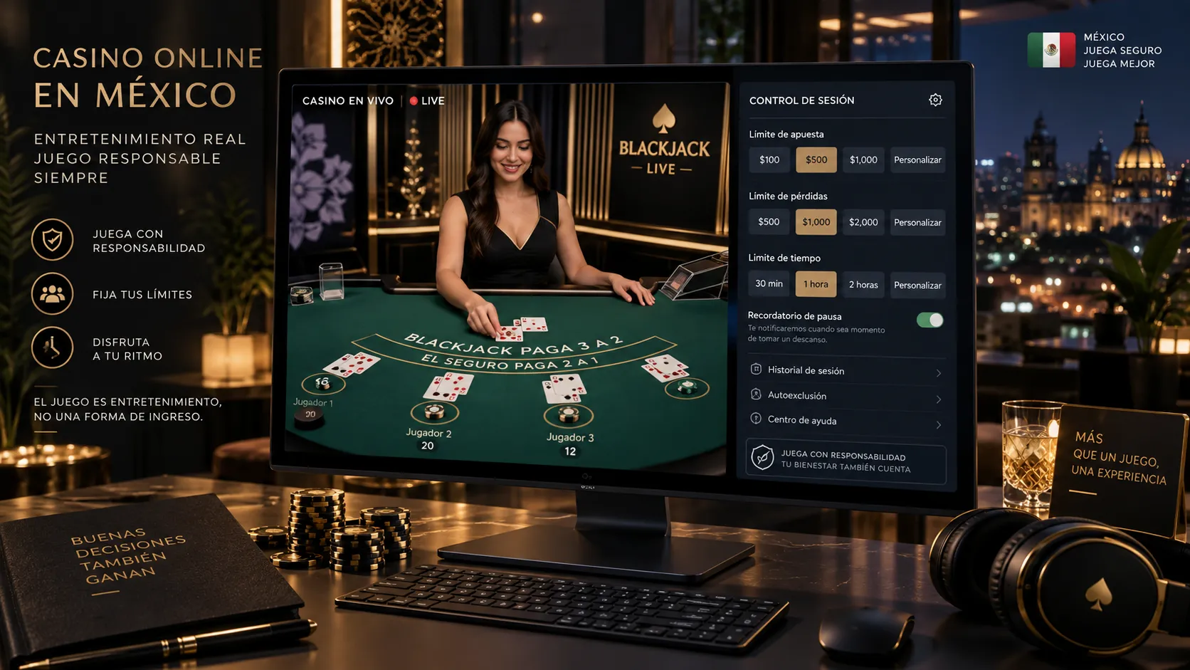Mesa de blackjack en vivo con límites de apuesta visibles