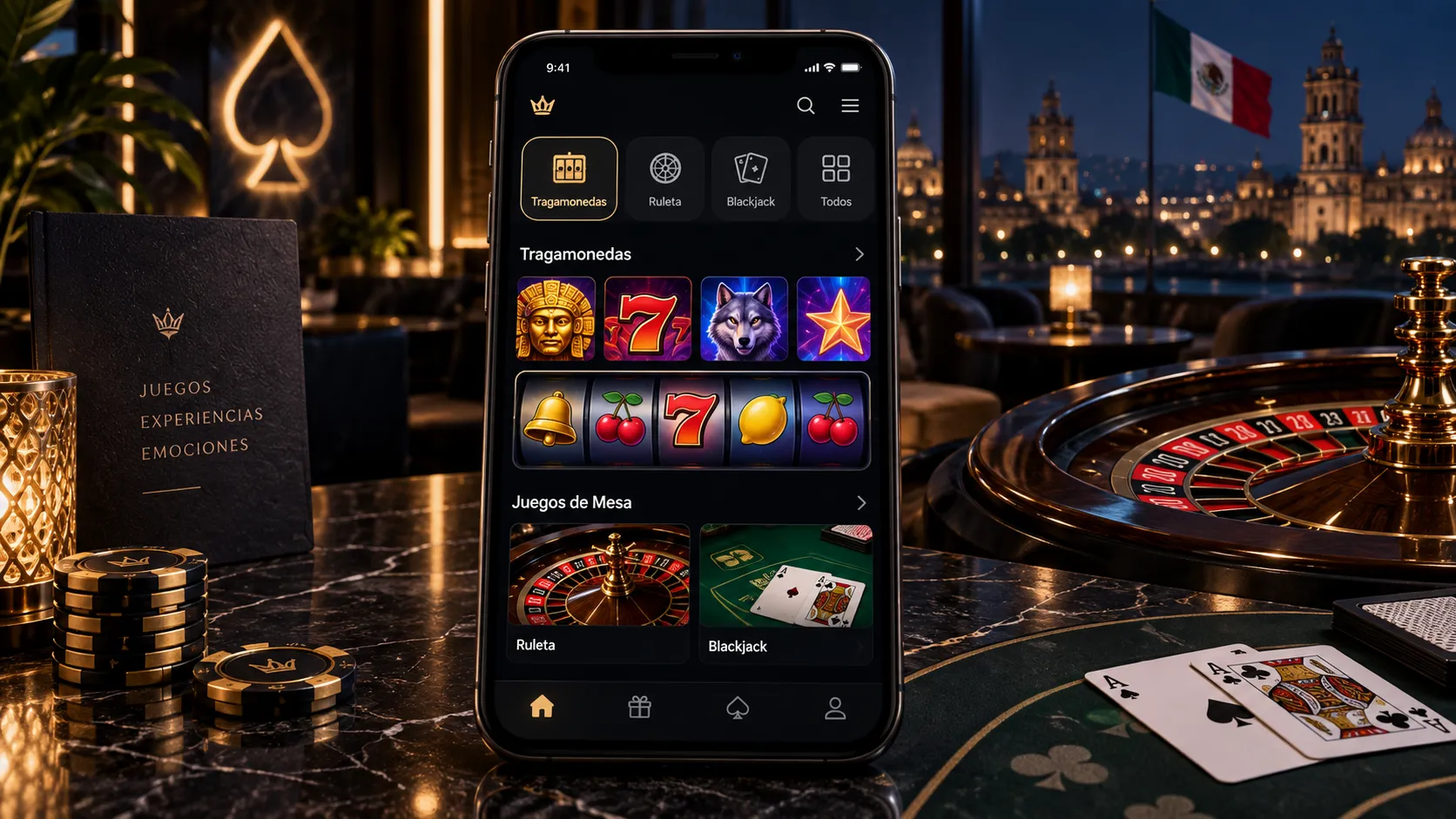 Interfaz móvil con categorías de tragamonedas, ruleta y blackjack