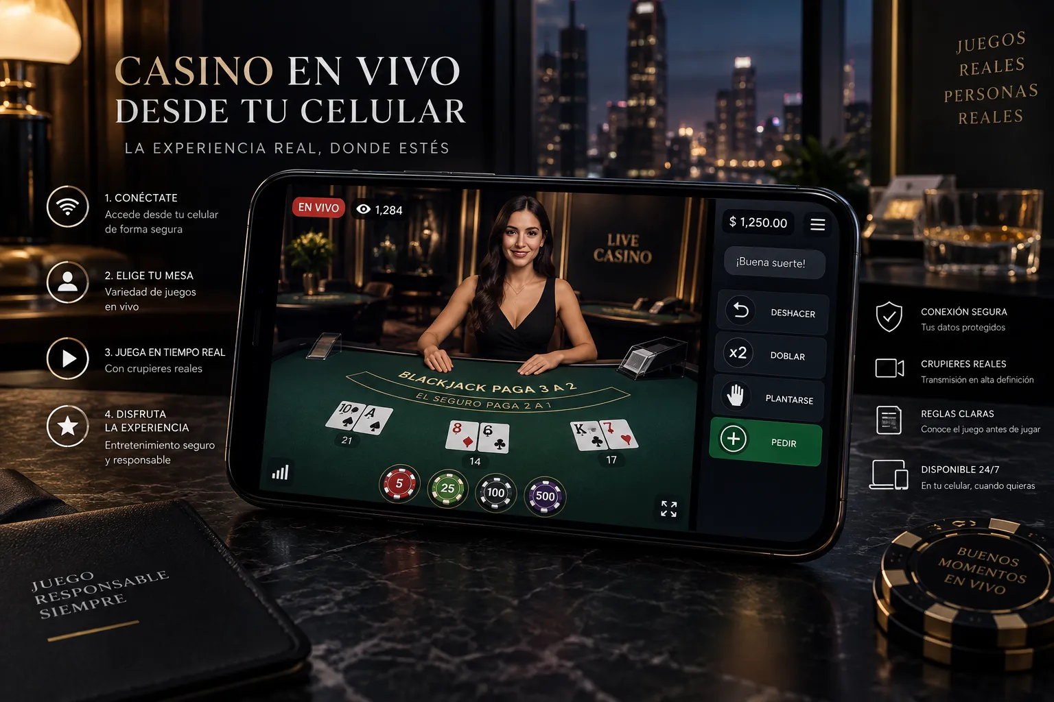Casino en vivo mostrado en un dispositivo móvil