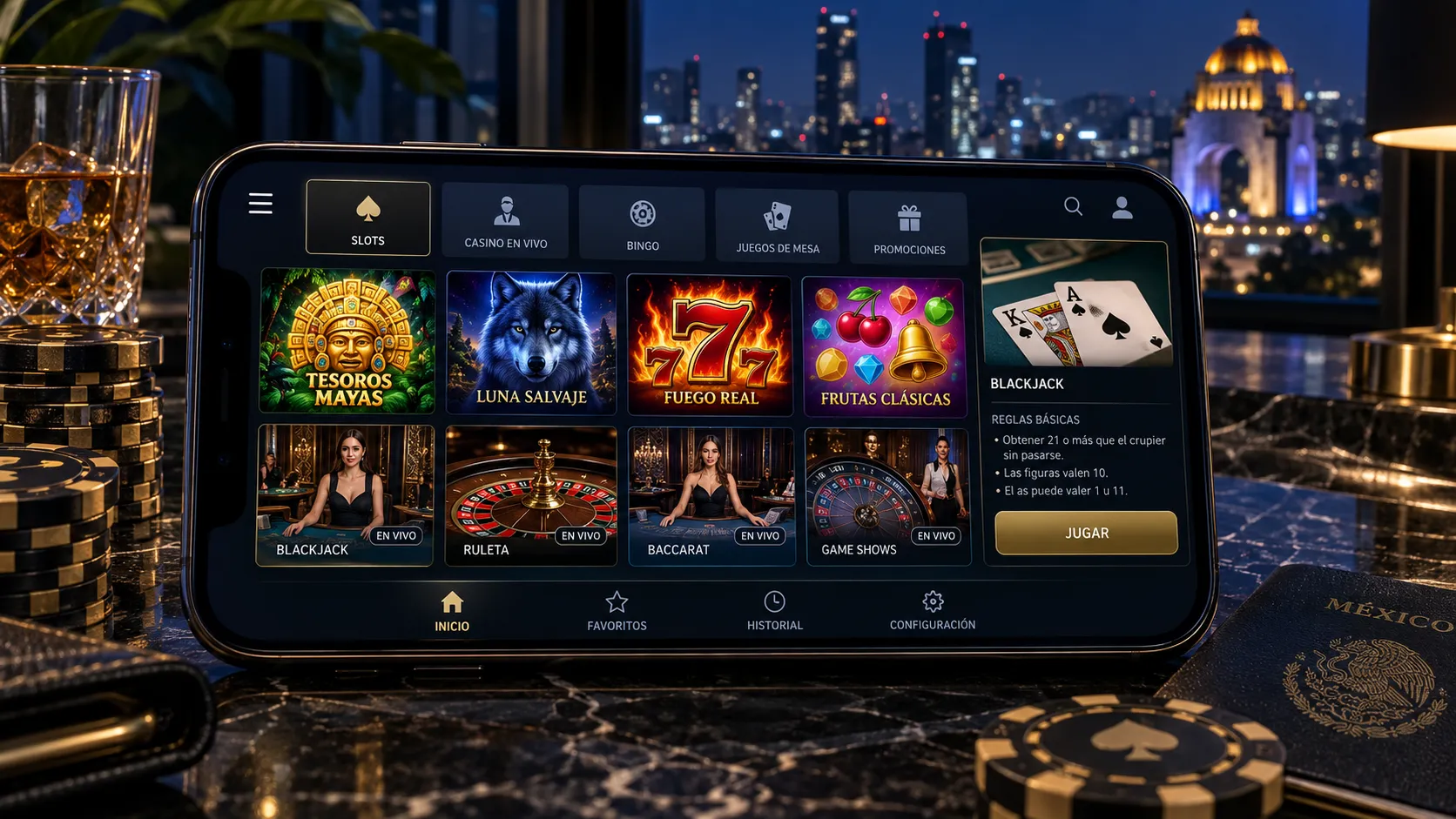 Pantalla móvil con categorías y reglas de juegos de casino online