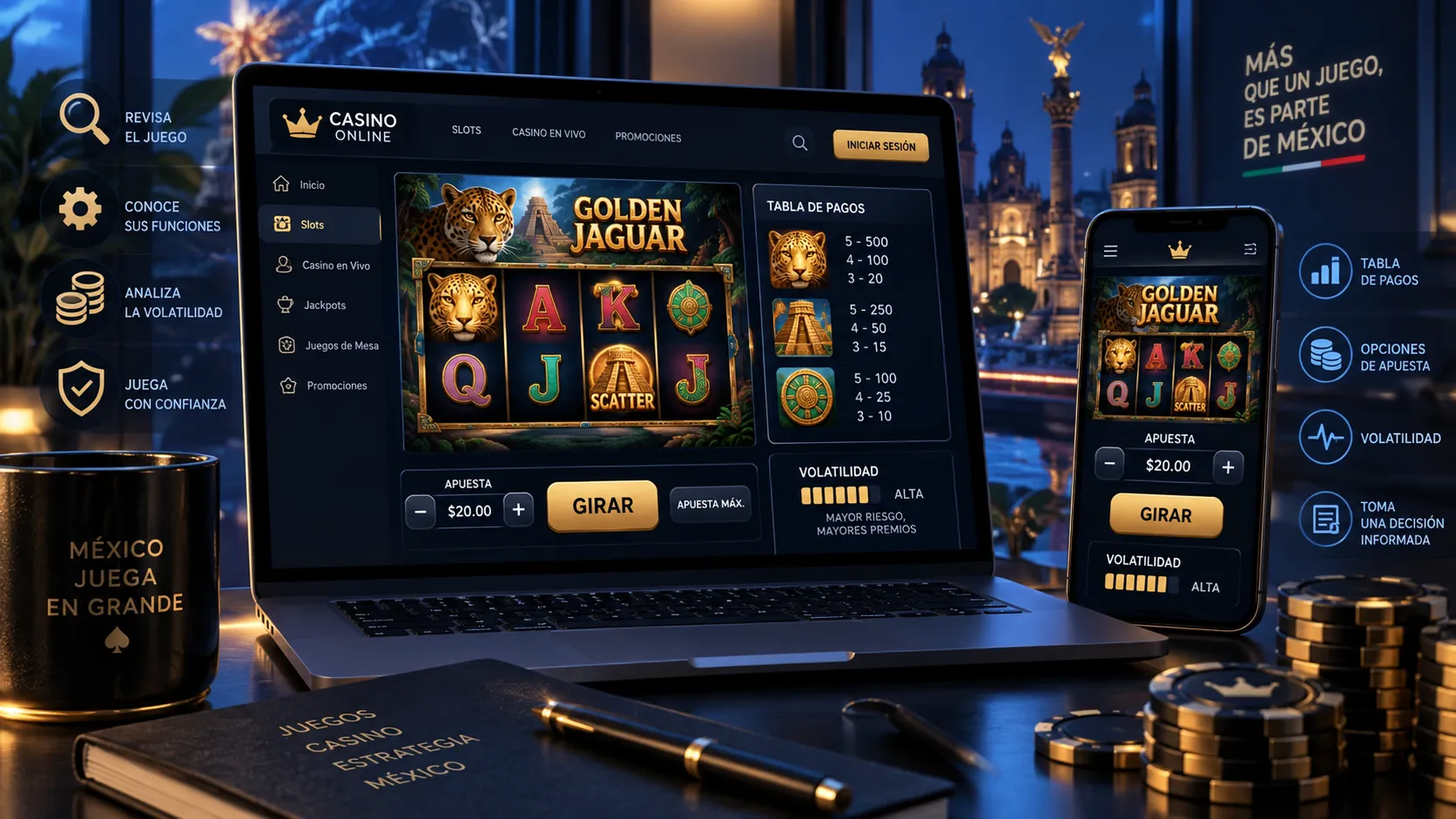 Tabla de pagos y datos de un juego de casino online
