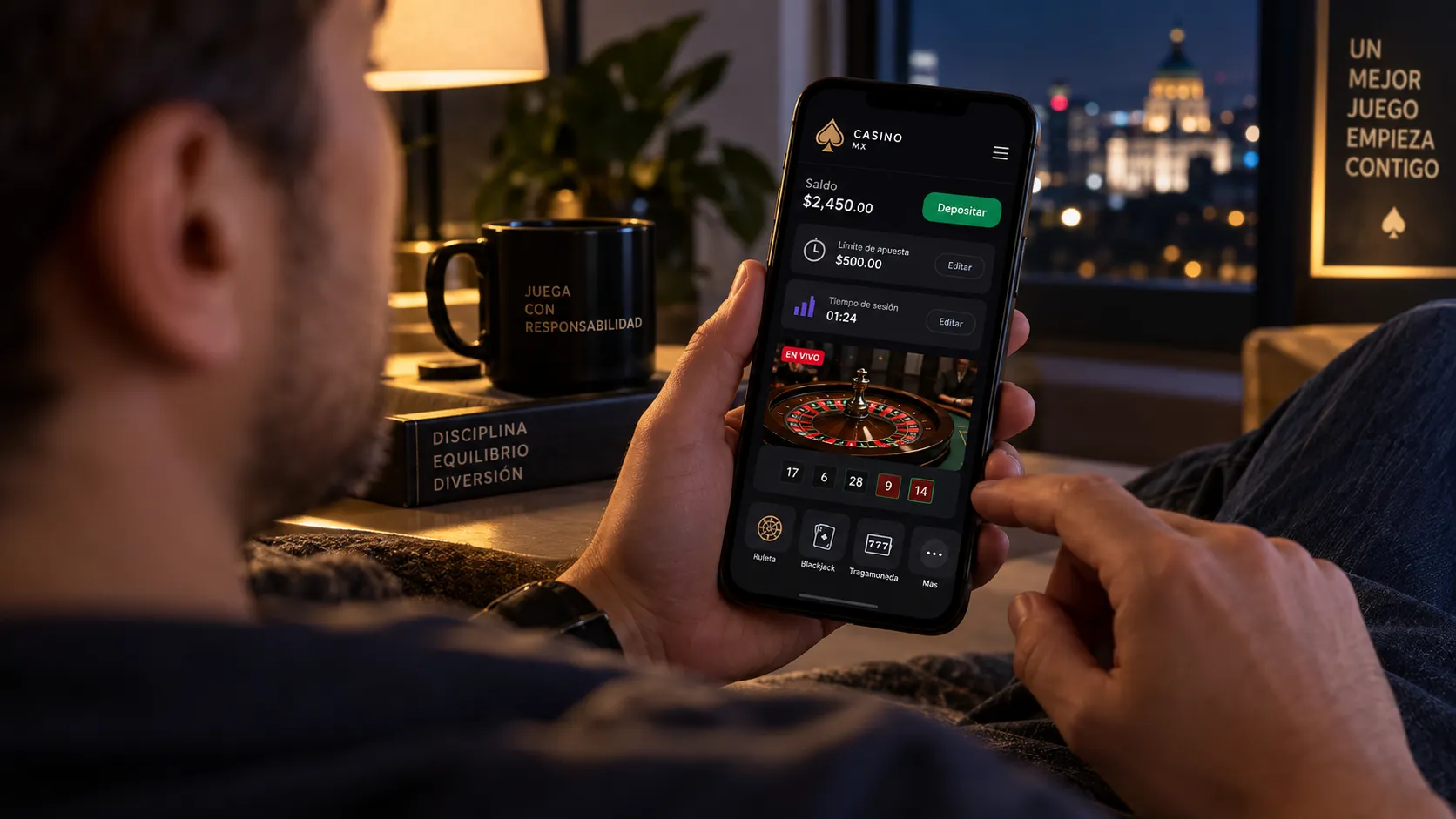 Usuario revisando saldo y límites de apuesta en un casino online