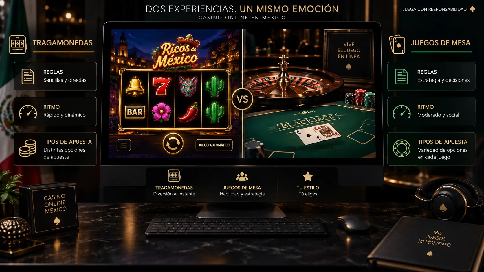 Comparación visual entre tragamonedas, ruleta y blackjack