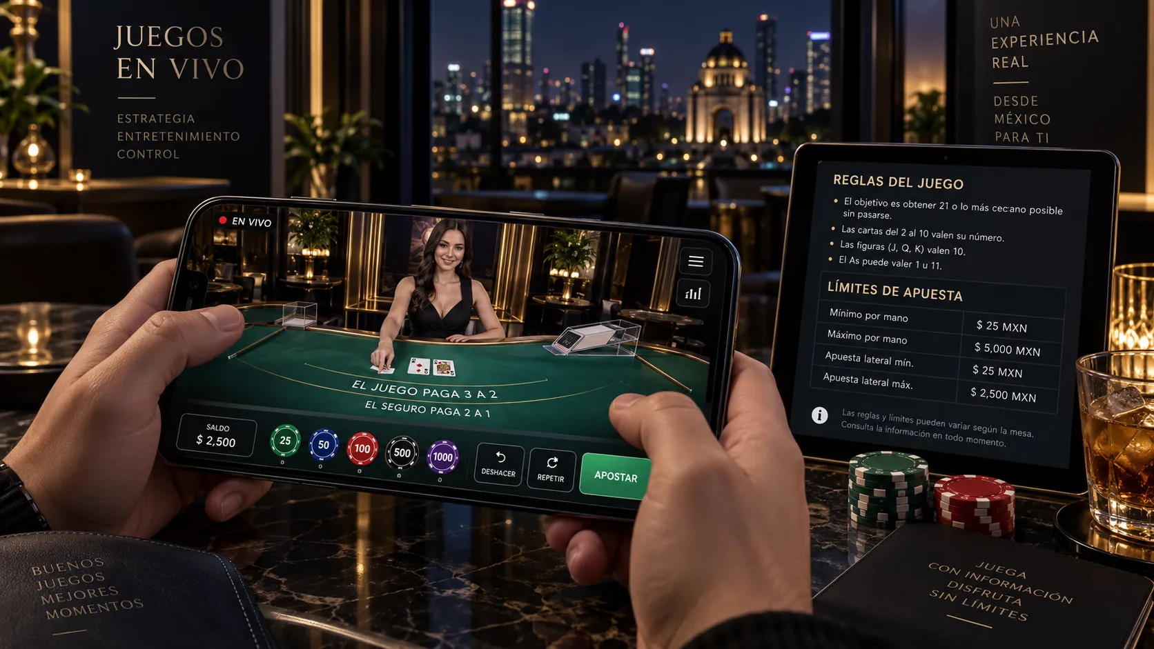 Mesa de casino en vivo mostrada en un teléfono móvil