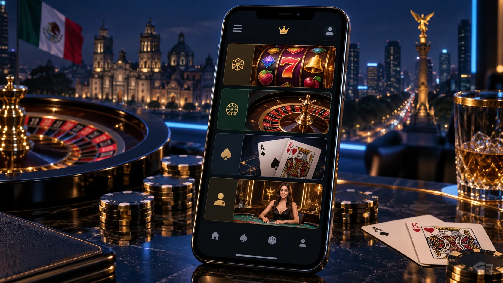 Catálogo móvil con categorías de juegos de casino online
