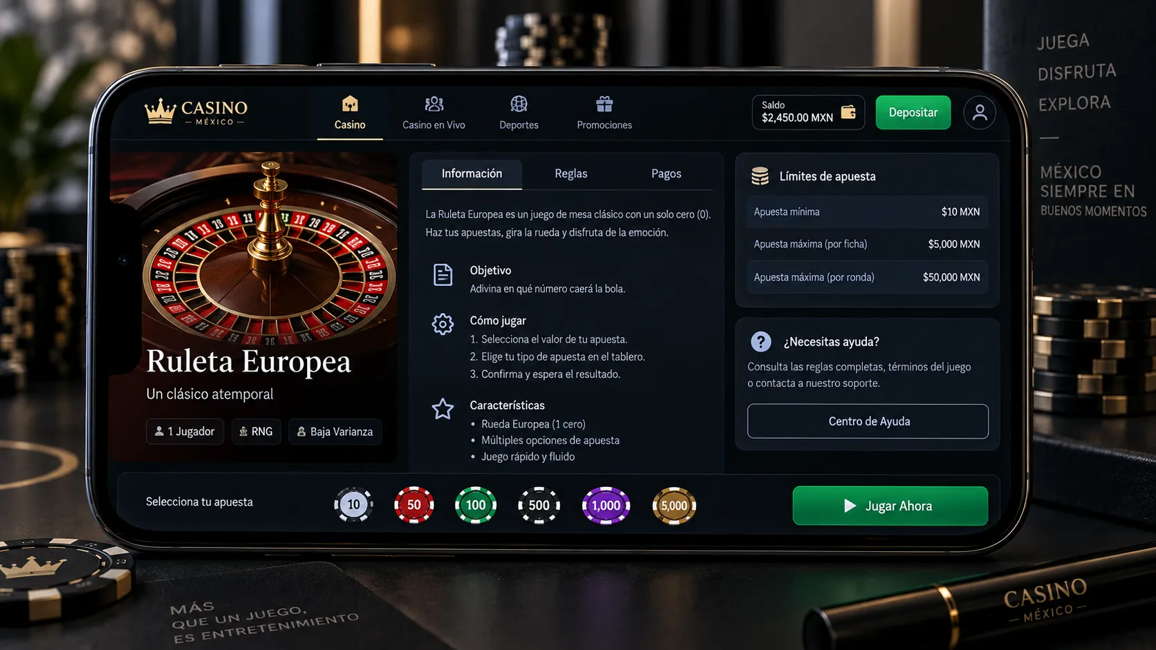 Ficha de juego de casino con reglas y límites visibles