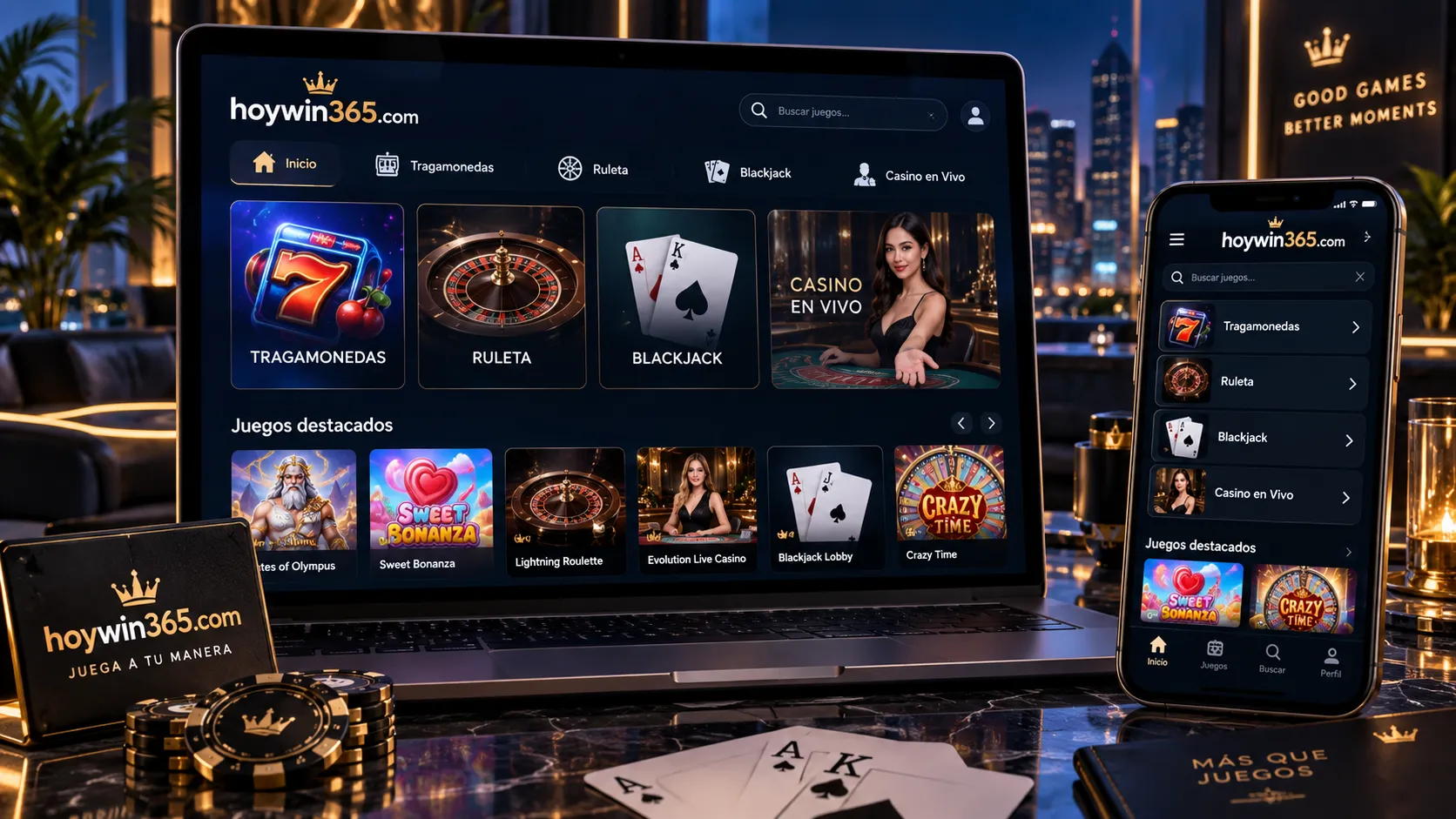 Lobby de casino online con categorías de juegos en computadora y celular