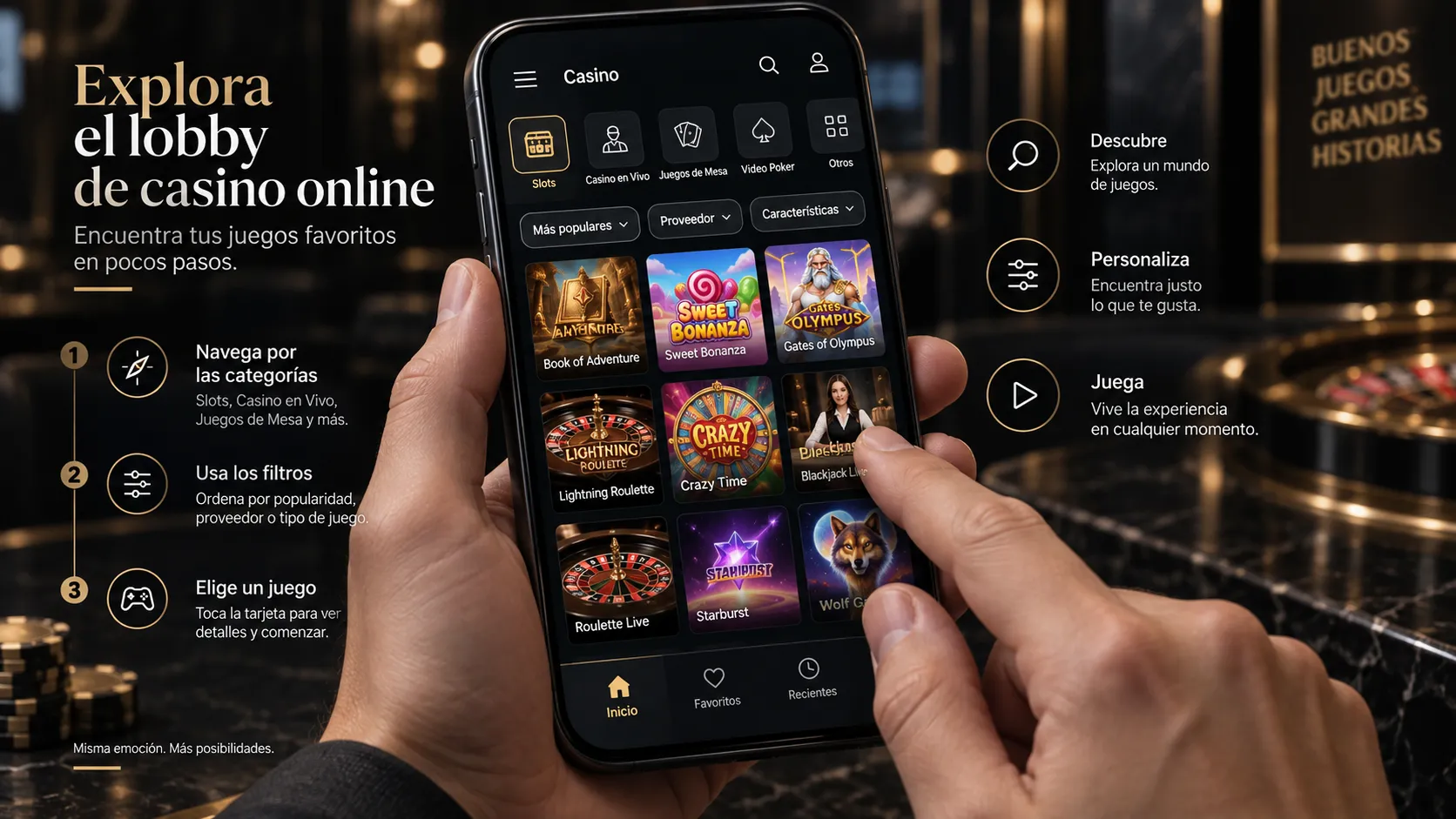 Uso de filtros y categorías en un lobby de casino online desde el celular