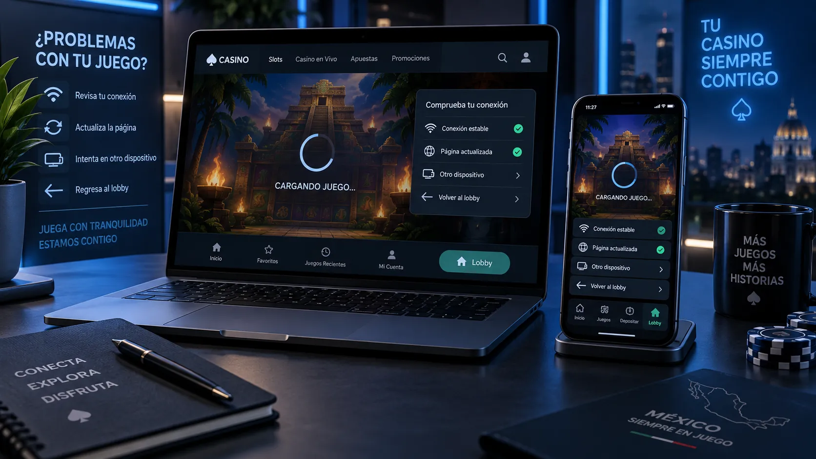 Comprobación de carga y conexión al usar un lobby de casino online