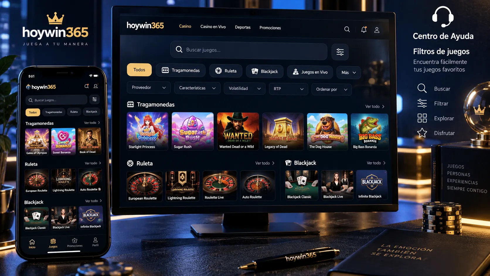 Interfaz de casino online con filtros y categorías de juegos