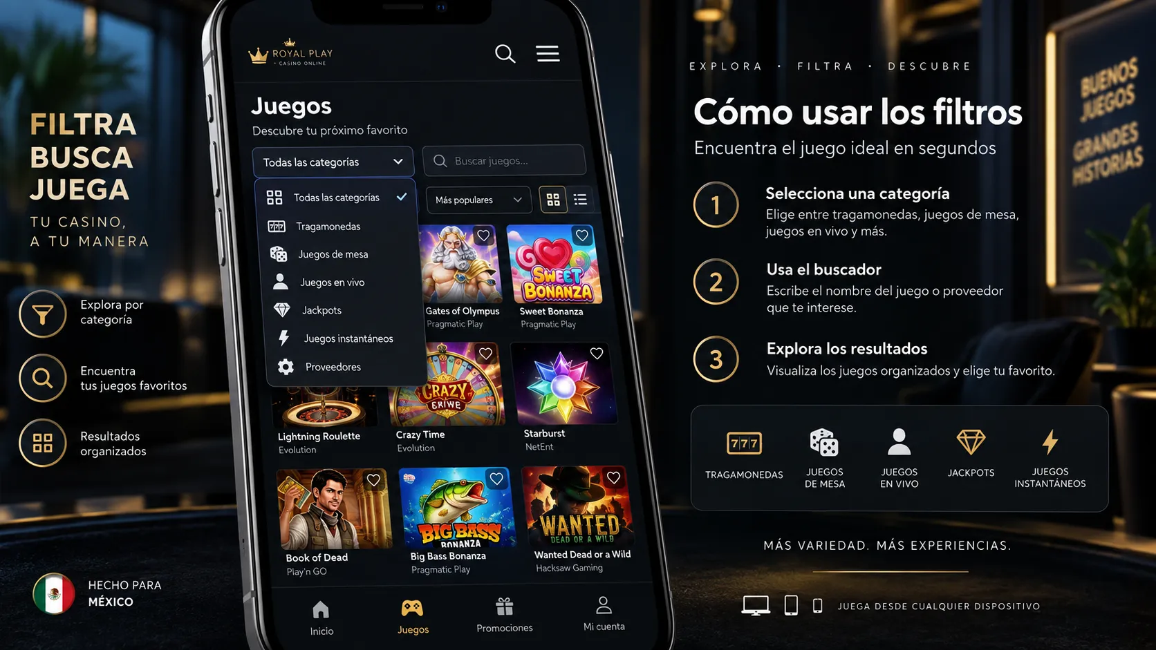 Uso de filtros de juegos de casino desde un celular