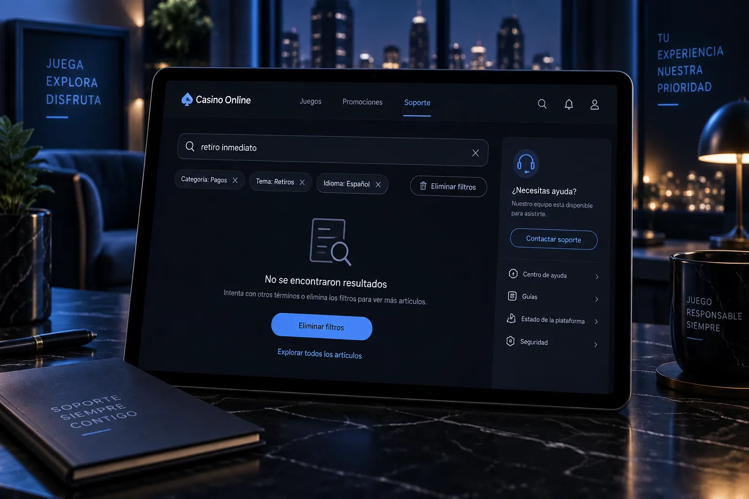 Comprobación de filtros activos en una interfaz de casino online