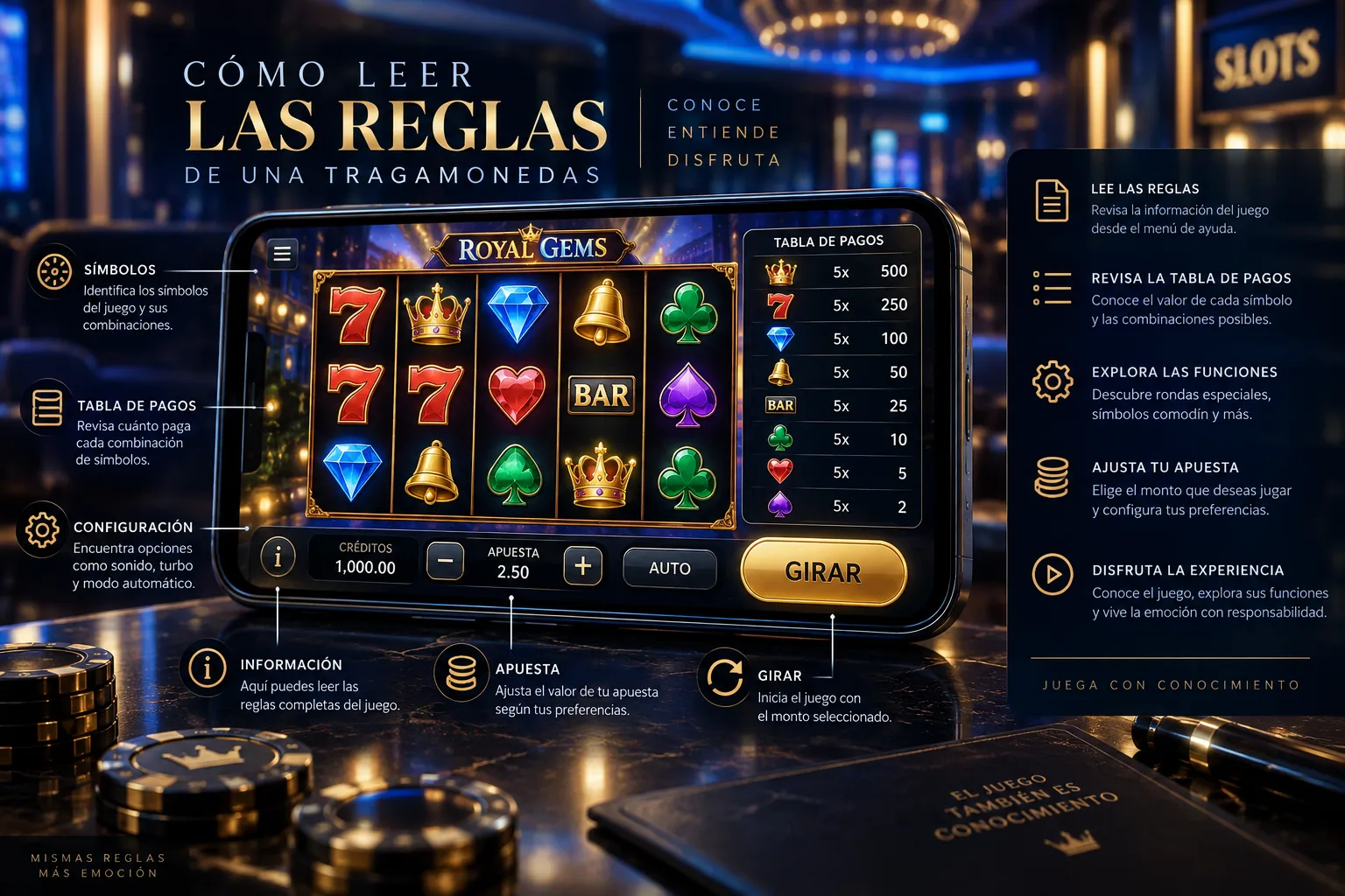 Tabla de pagos y reglas de una tragamonedas en un celular