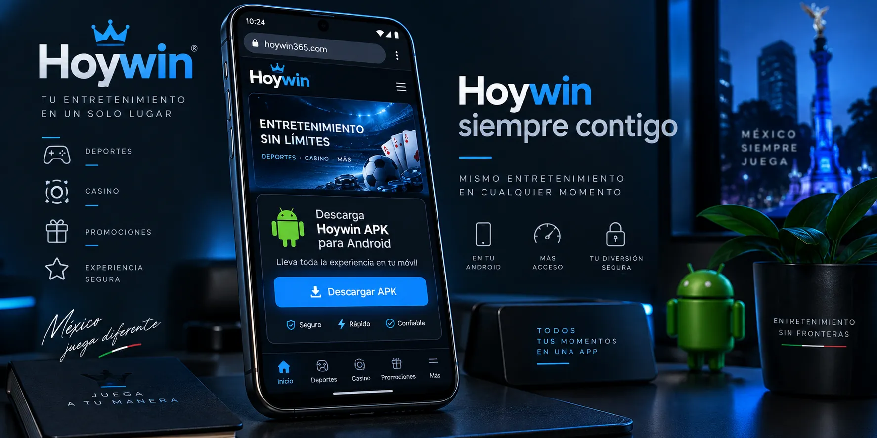 Teléfono Android mostrando la descarga del Hoywin APK desde hoywin365.com