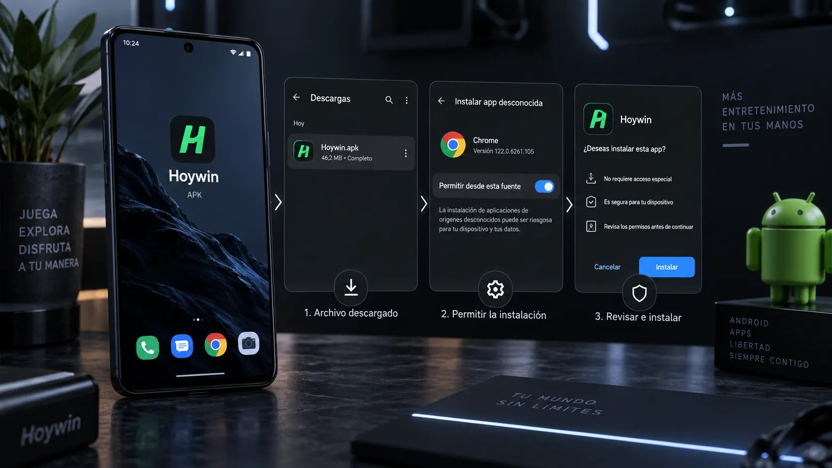Instalación del Hoywin APK y revisión de permisos en Android