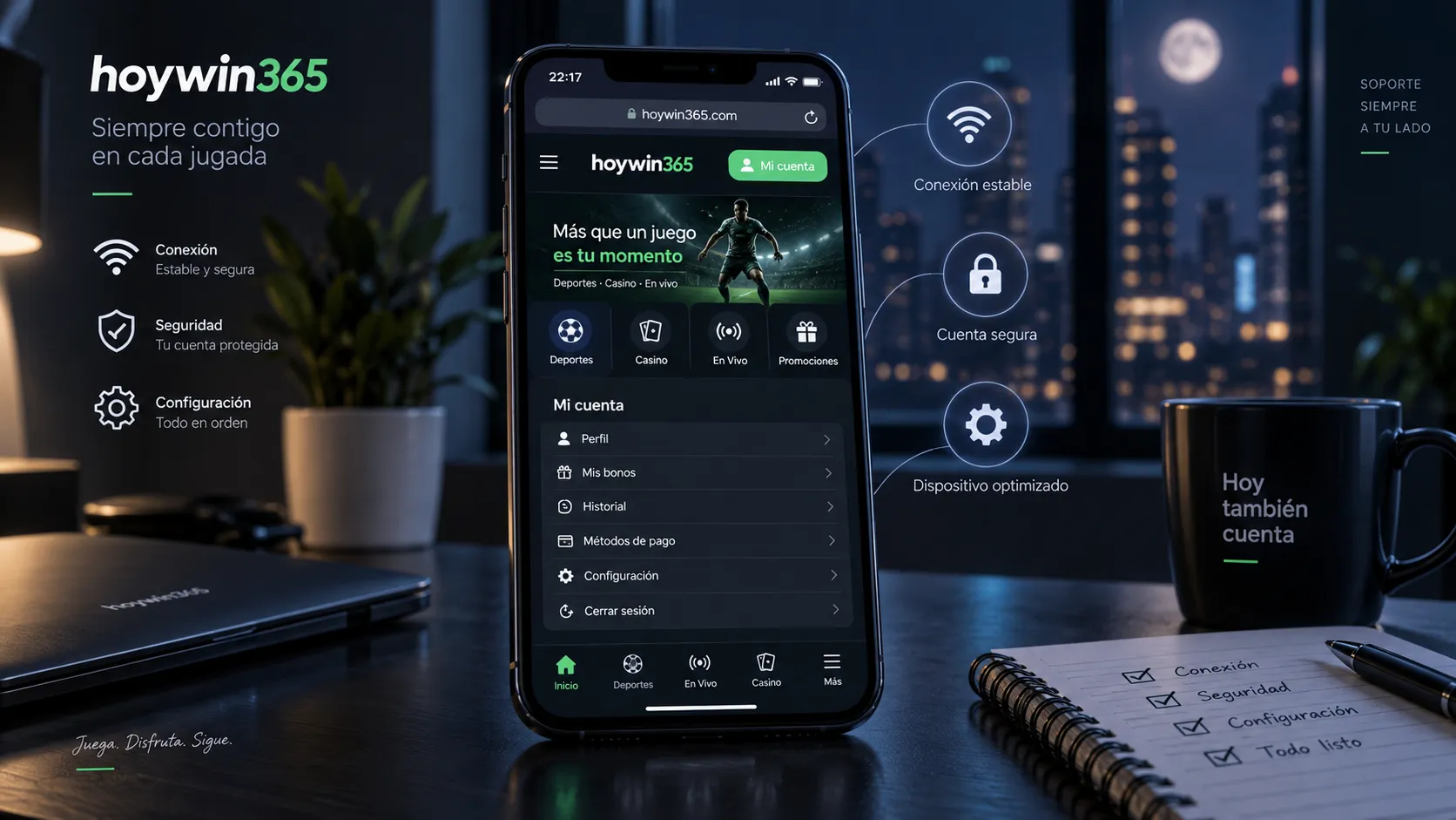 Pantalla móvil de hoywin app con opciones de cuenta y soporte