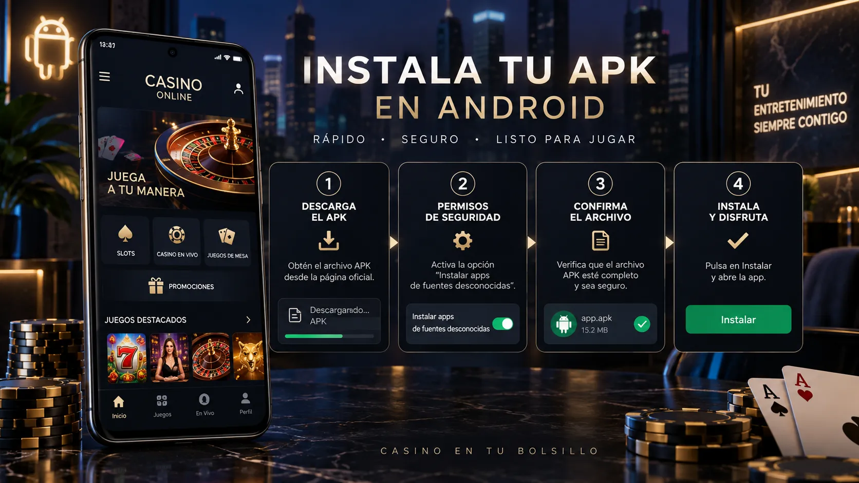 Proceso de instalación de un APK de casino en un teléfono Android
