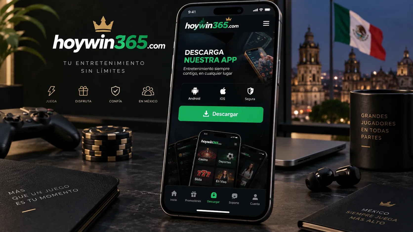 Página móvil de hoywin365.com con opciones de descarga y acceso