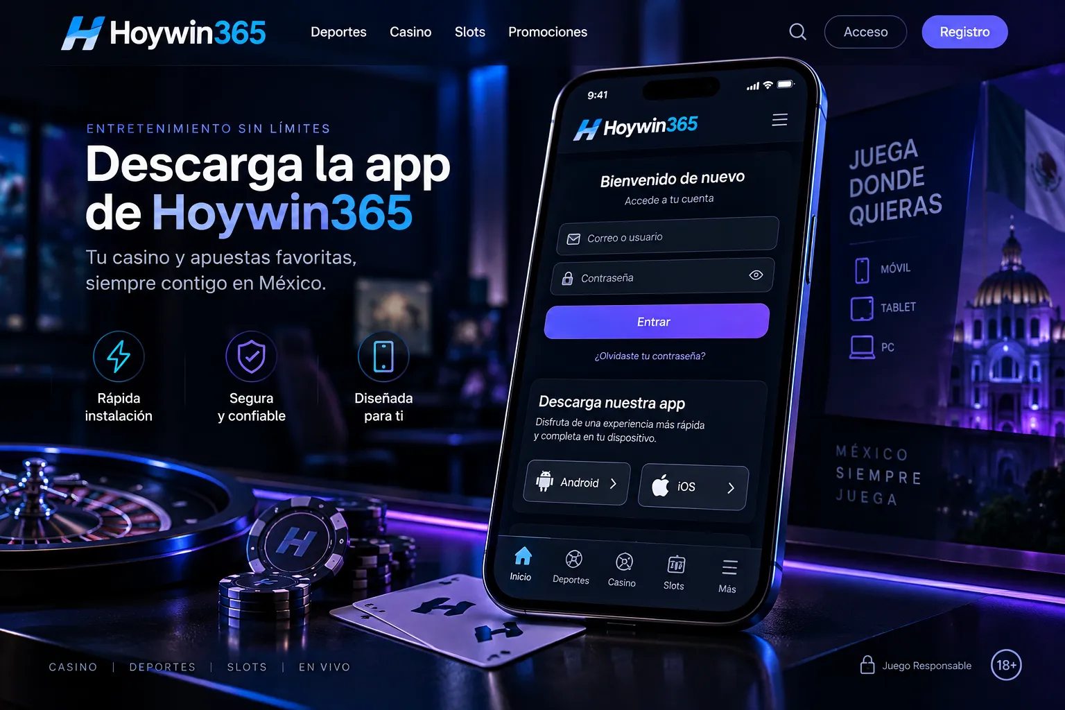 Acceso móvil de Hoywin365 y opción de descarga de la aplicación