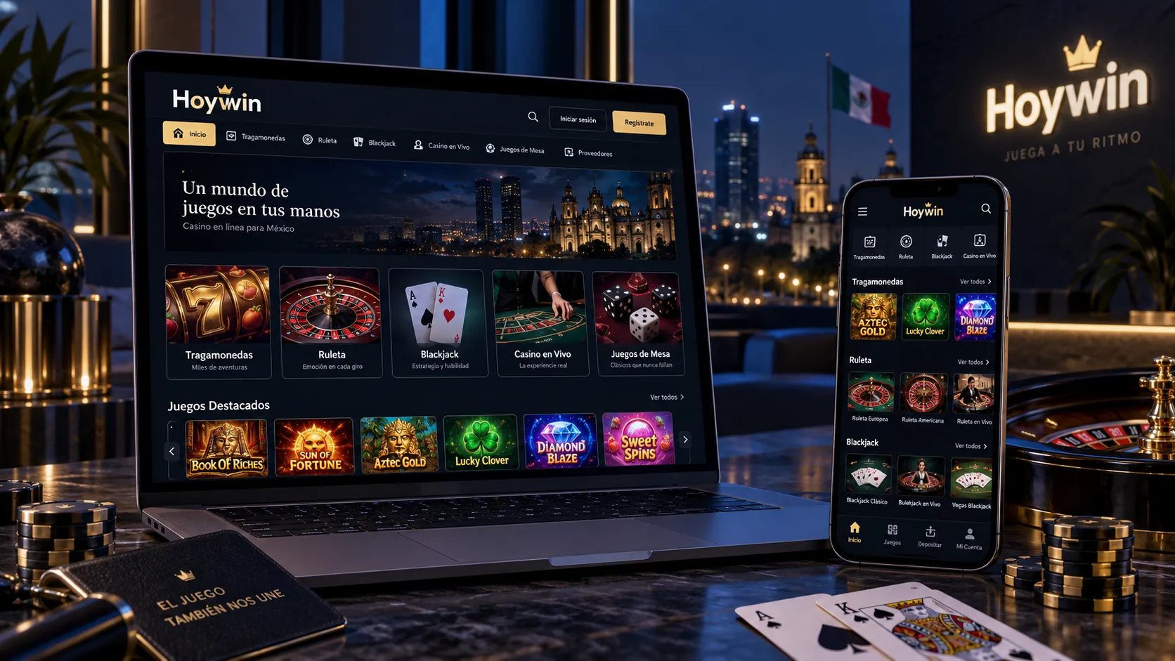 Interfaz de Hoywin casino en línea mostrada en computadora y celular
