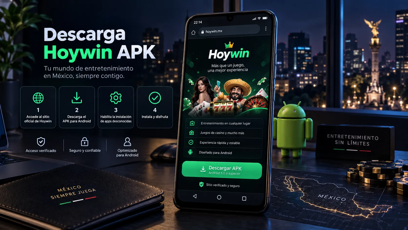 Teléfono Android mostrando el acceso móvil para descargar Hoywin APK