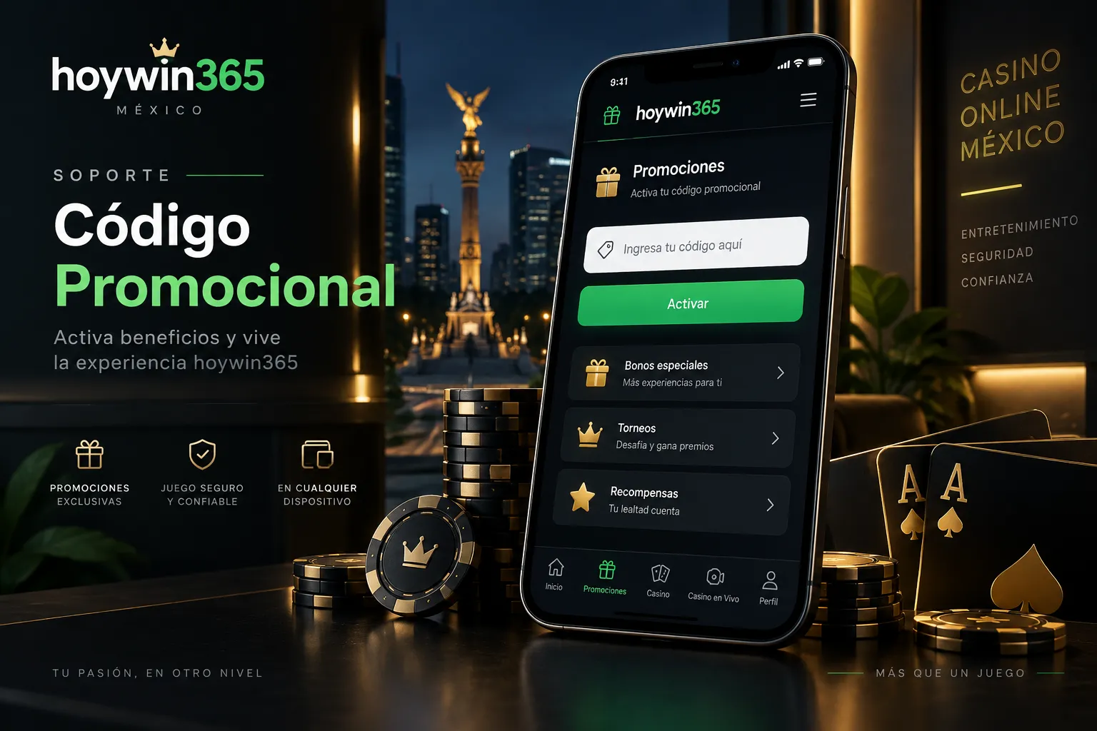Pantalla móvil de promociones de hoywin365.com con campo para código promocional