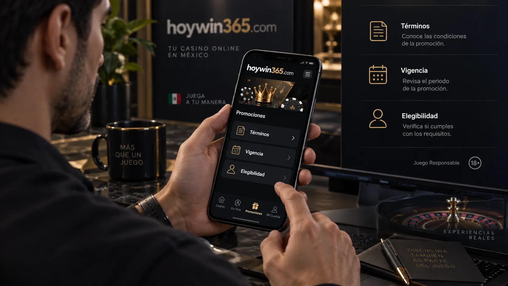 Usuario revisando las condiciones de una promoción de hoywin365.com en el móvil