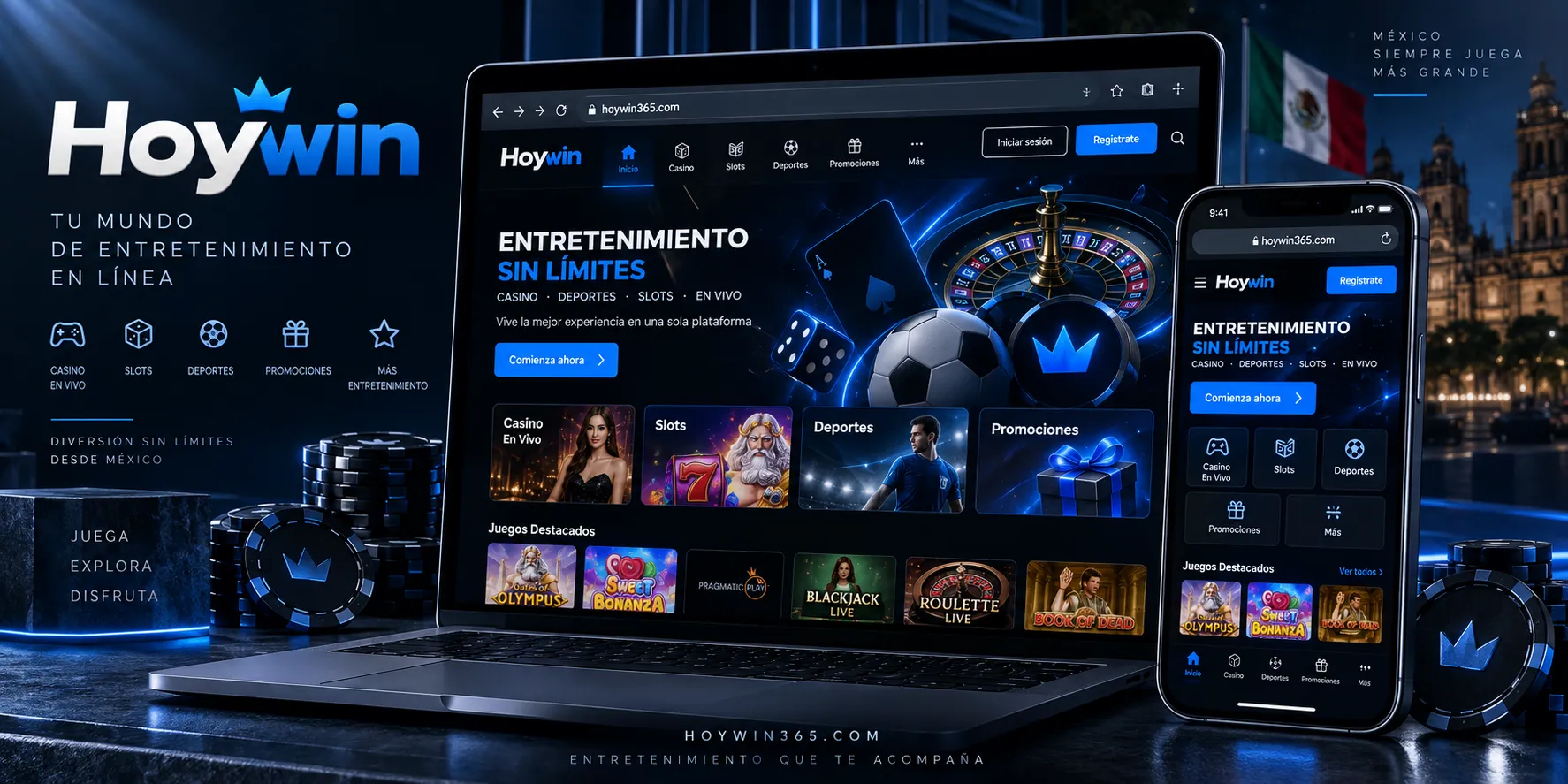 Acceso a la página oficial de Hoywin en computadora y celular