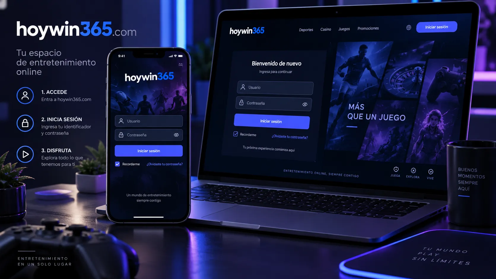 Pantalla de inicio de sesión de hoywin365.com en computadora y celular