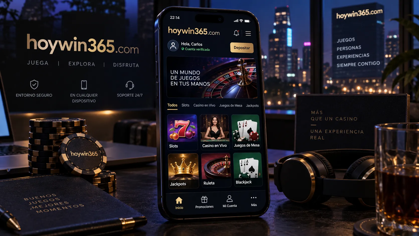 Área de casino móvil de hoywin365.com después de iniciar sesión