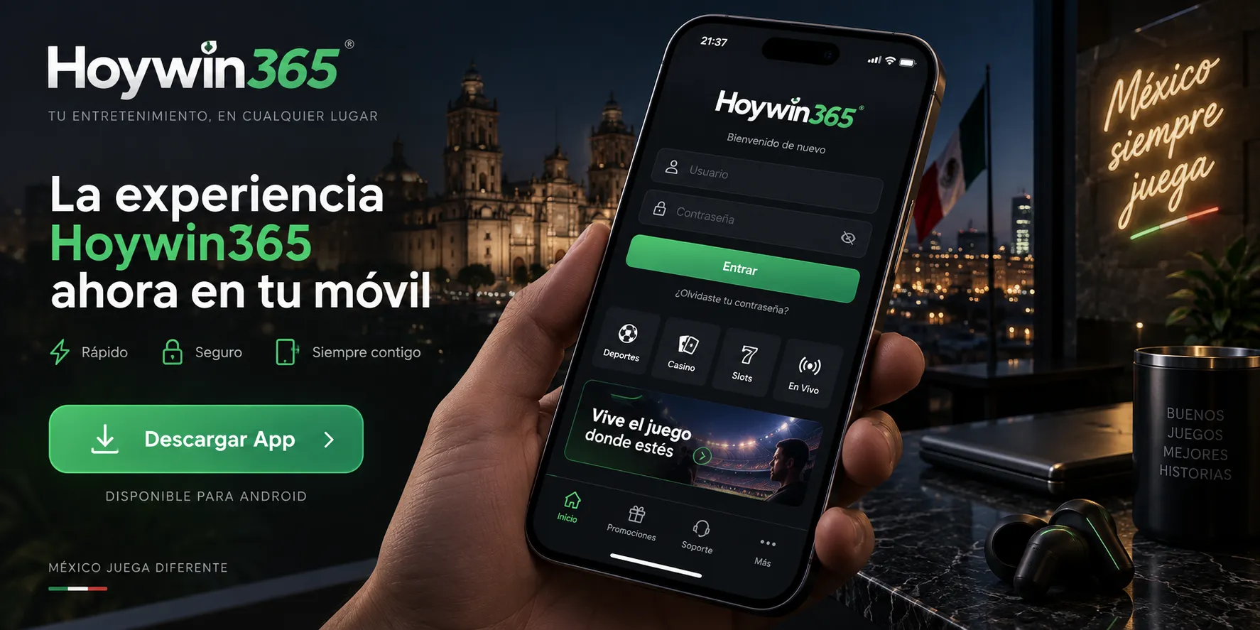 Celular mostrando el acceso de descarga de la aplicación Hoywin365