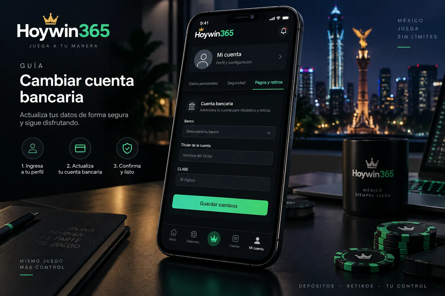 Perfil móvil de Hoywin365 con opciones de cuenta bancaria y retiros