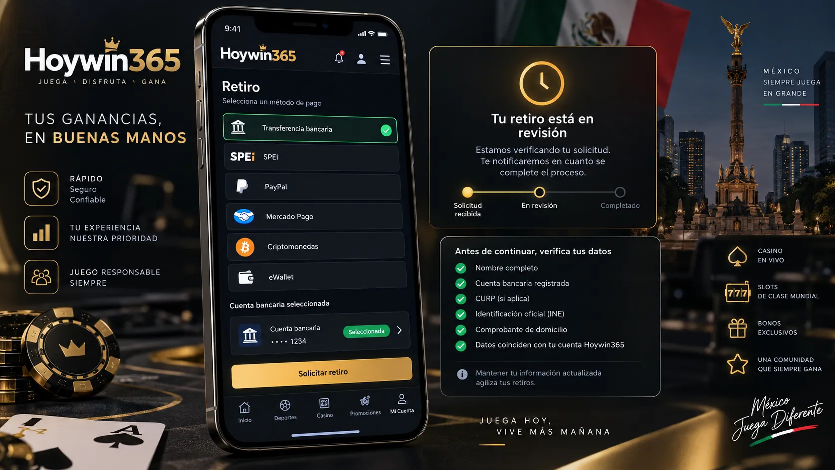 Revisión de la cuenta bancaria seleccionada antes de solicitar un retiro