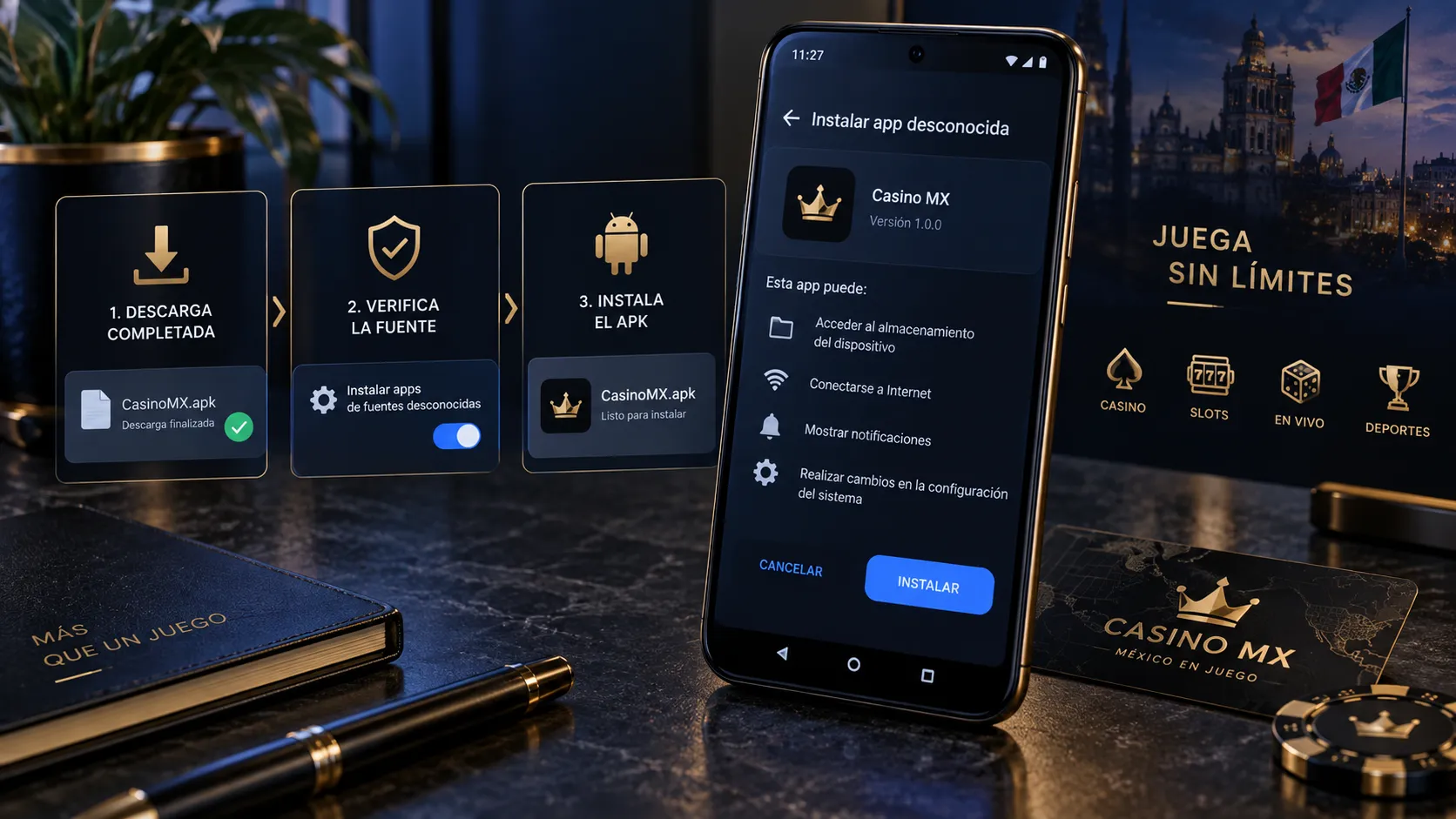 Instalación del APK de Hoywin y revisión de permisos en Android
